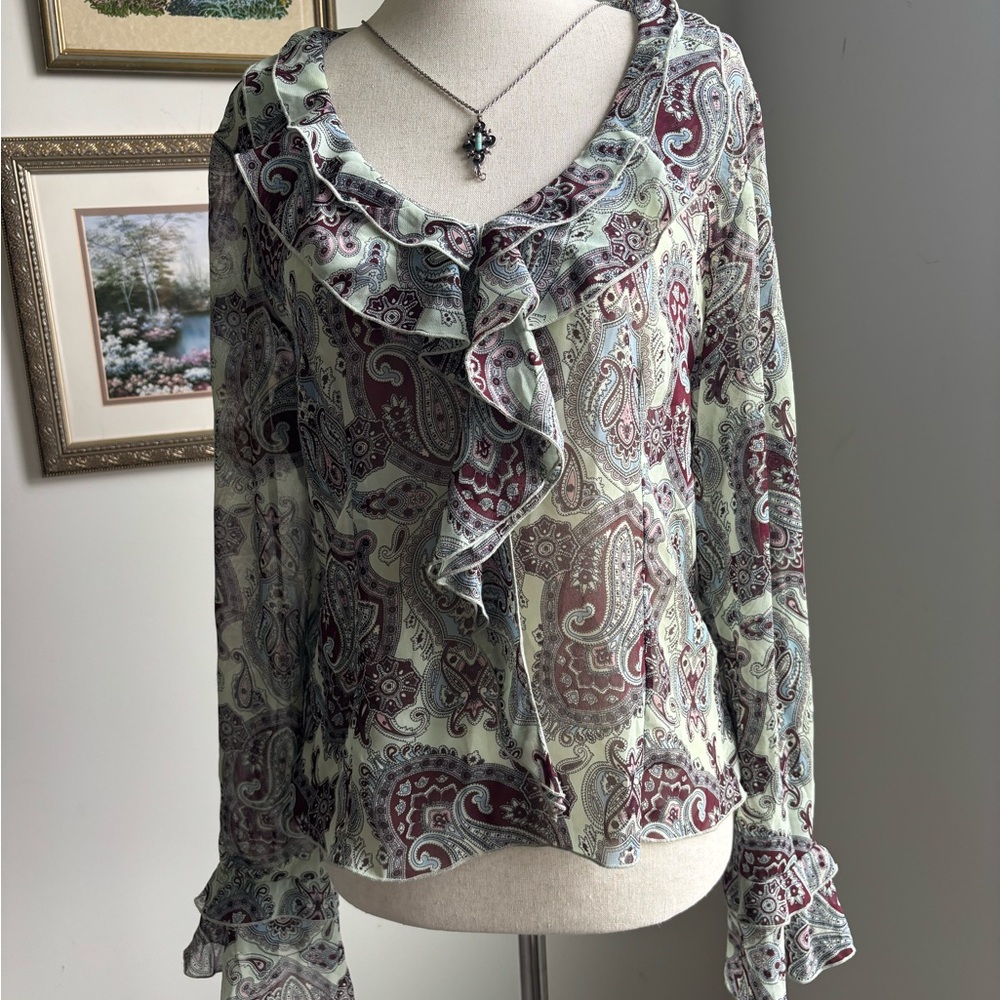 Vintage Lucky Brand Paisley Bell Sleece Ruffle Blouse